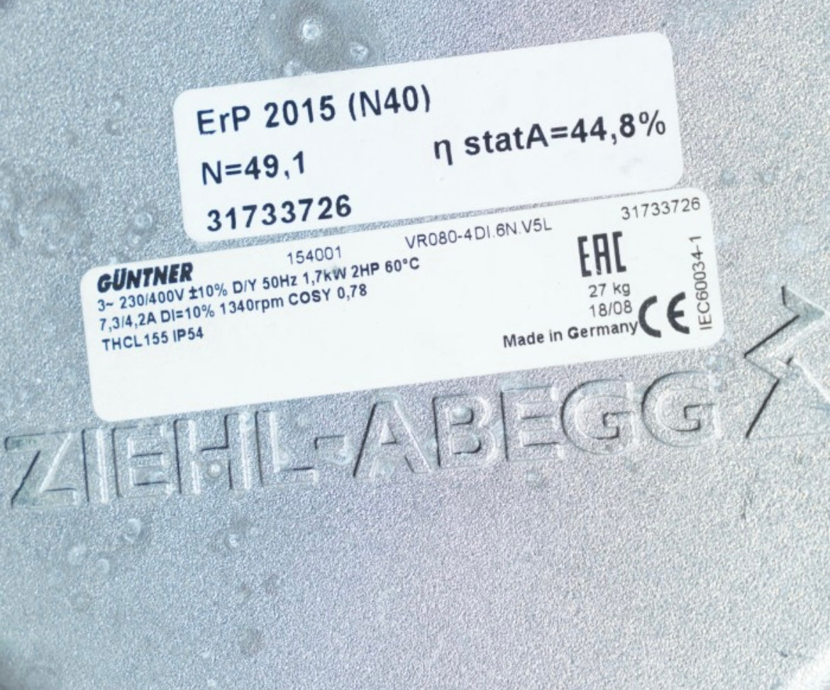 nameplate of VR080-4DI.6N.V5L ZIEHL-ABEGG Axial Fan