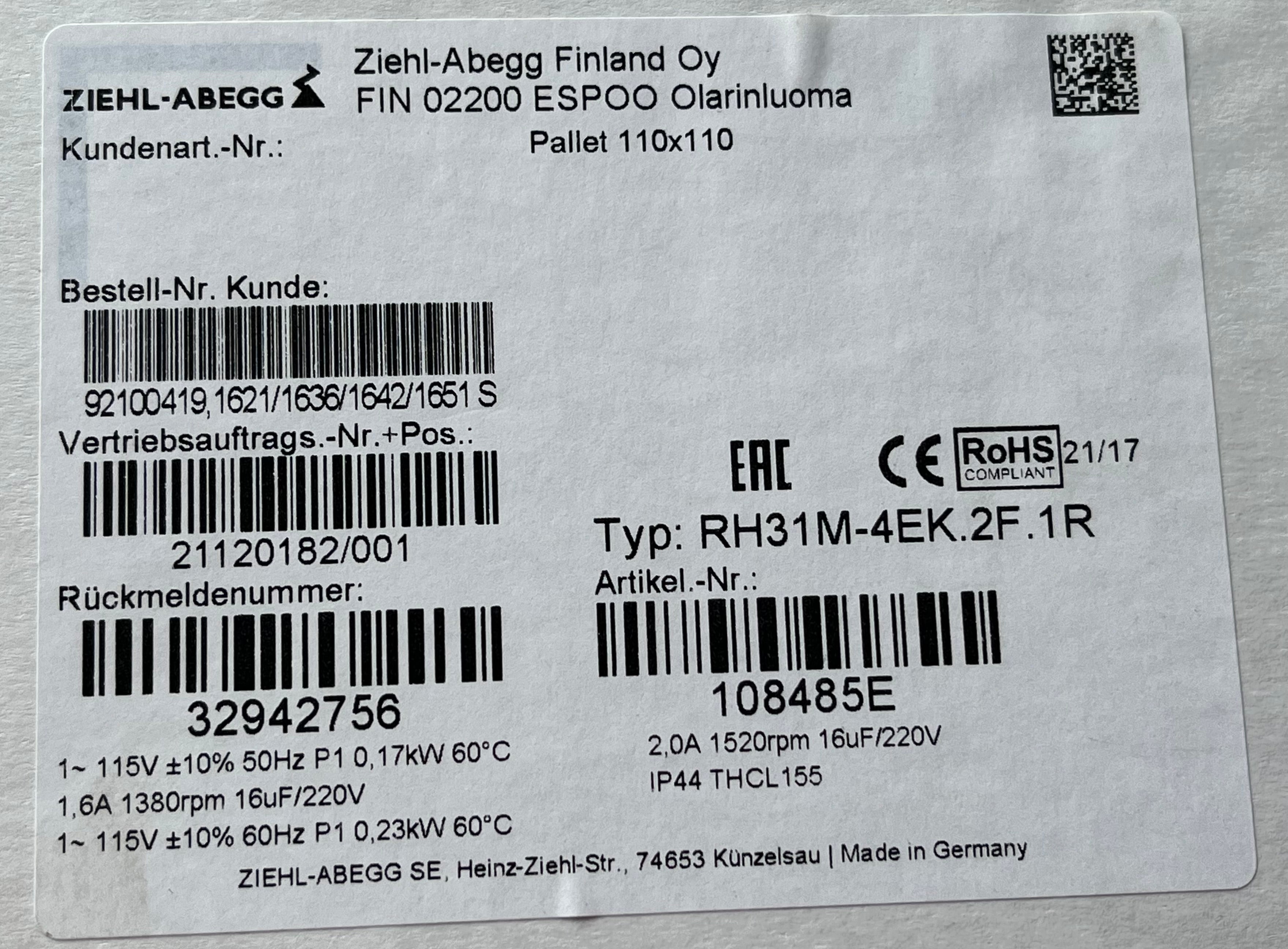 packing label of RH31M-4EK.2F.1R ZIEHL-ABEGG centrifugal fan