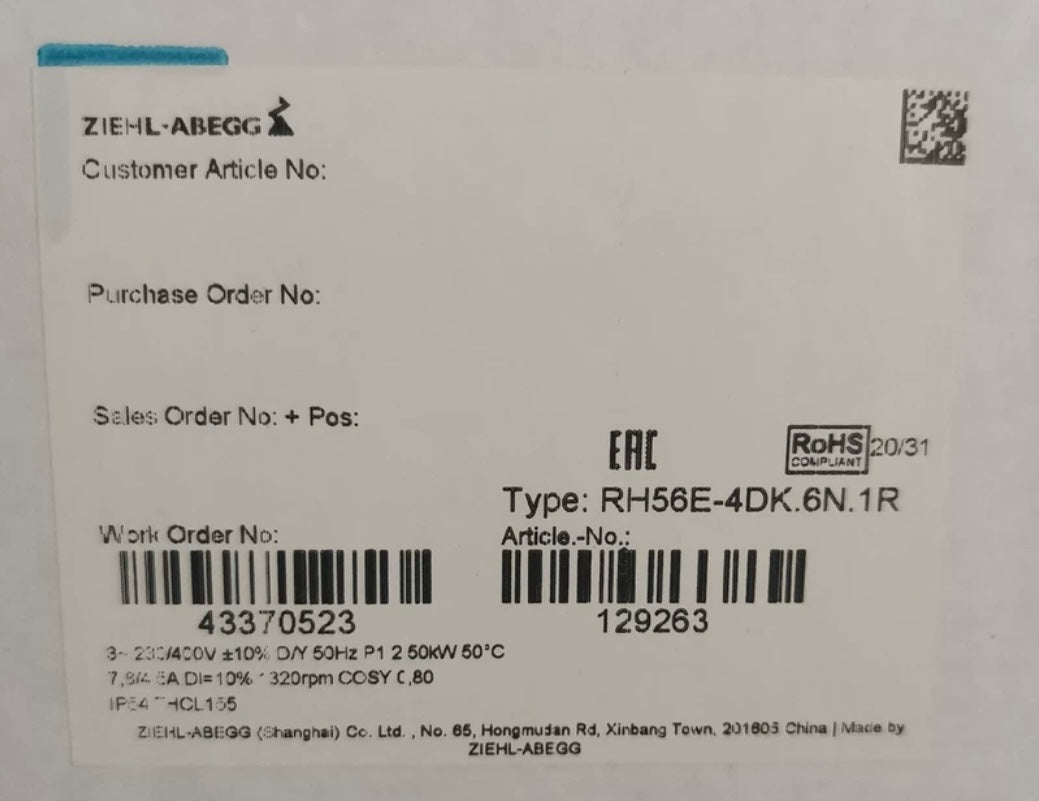 packing label of RH56E-4DK.6N.1R ZIEHL-ABEGG centrifugal fan