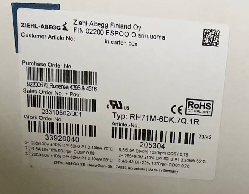 packing label of RH71M-6DK.7Q.1R ZIEHL-ABEGG centrifugal fan