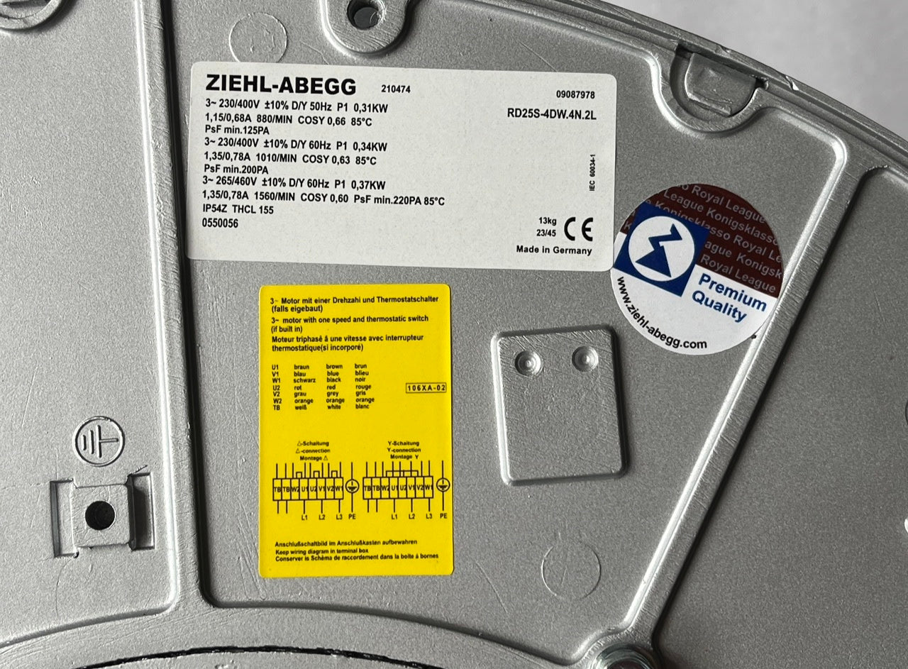 nameplate of RD25S-4DW.4N.2L ZIEHL-ABEGG Centrifugal Fan