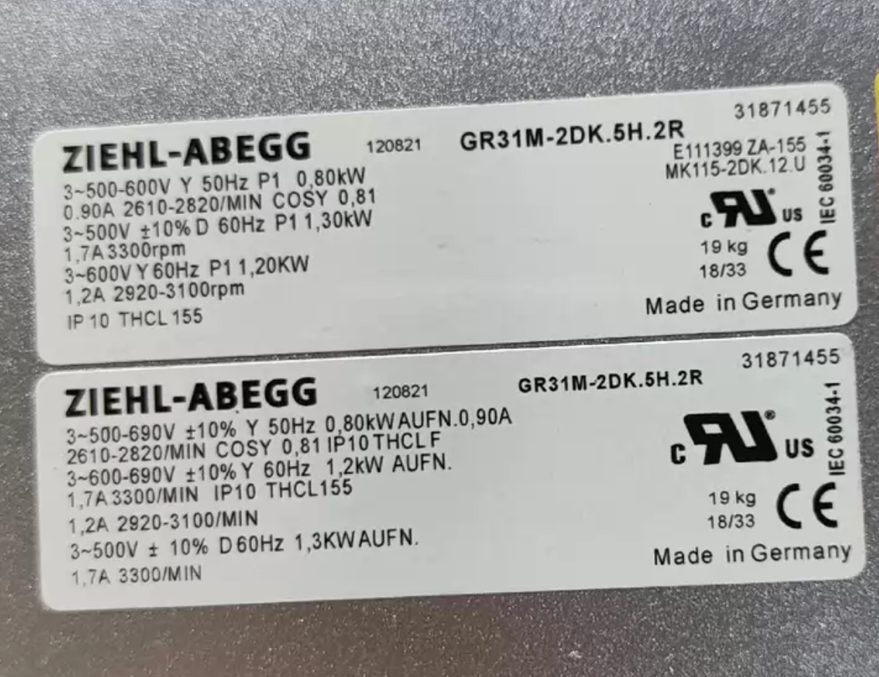 nameplate of MK115-2DK.12.U ZIEHL-ABEGG centrifugal fan