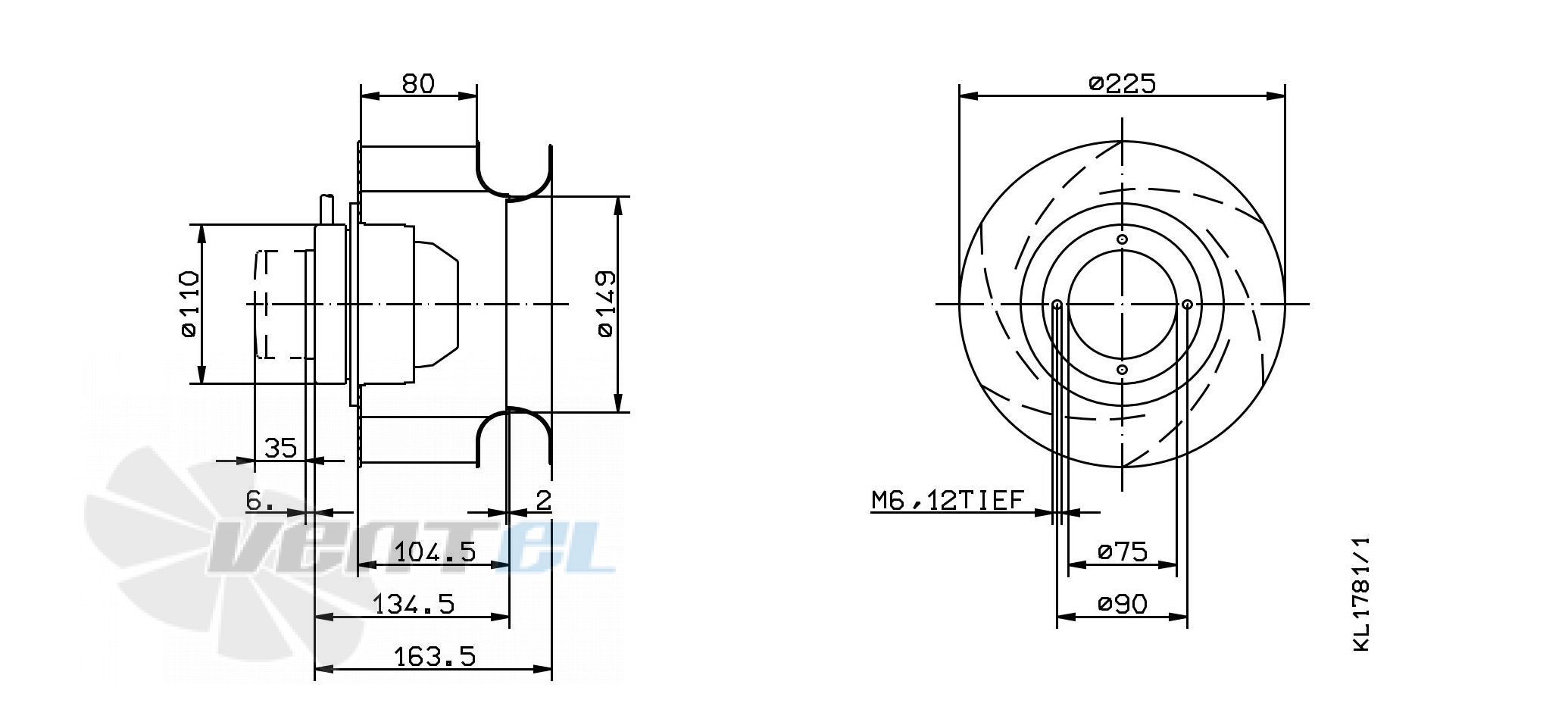 Drawing/dimension  RH22M-2DK.1B.1R ZIEHL-ABEGG centrifugal fan
