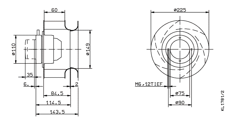 Drawing/dimension RH22M-2EK.1E.2R  ZIEHL-ABEGG centrifugal fan