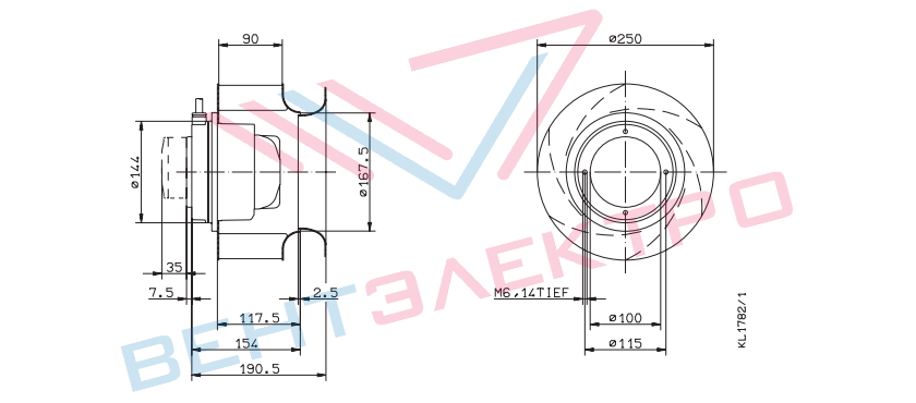 Drawing/dimension RH25M-2DK.3B.1R  ZIEHL-ABEGG centrifugal fan