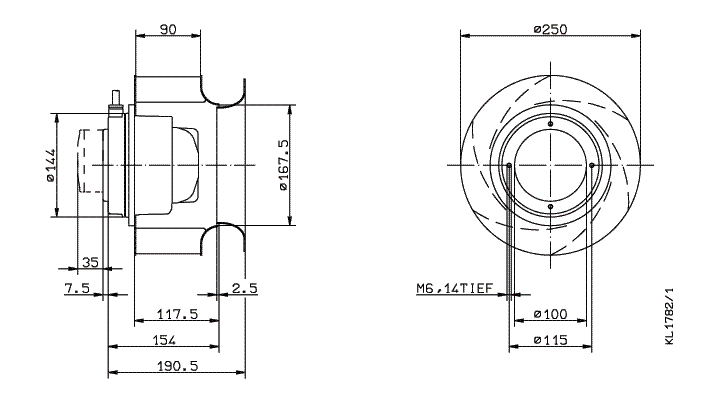 Drawing/dimension  RH25M-2EK.3F.1R ZIEHL-ABEGG centrifugal fan