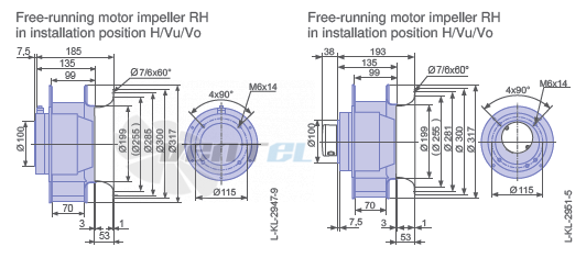 Drawing/dimension RH31M-2DK.3F.2R ZIEHL-ABEGG centrifugal fan