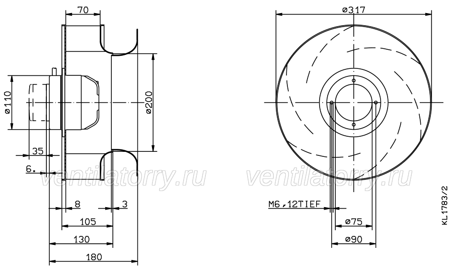 Drawing/dimension RH31M-VDK.2A.2R ZIEHL-ABEGG centrifugal fan