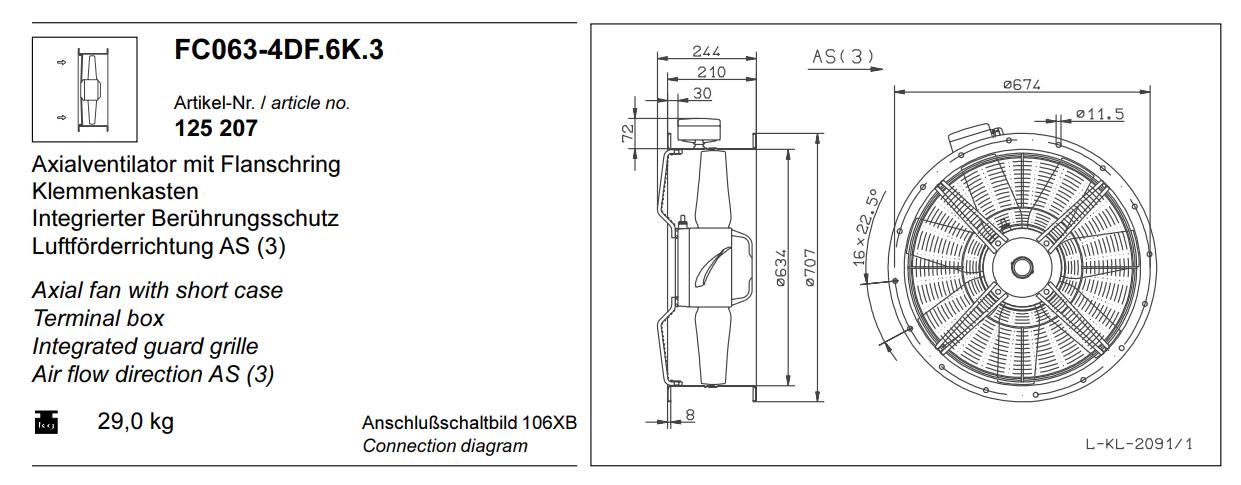 FC063-4DF.6K.3 3~ 400V ± 10% 50 Hz 1.9kw, 3.2A 1360/rpm ZIEHL-ABEGG Axial Fan