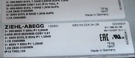 GR31M-2DK.5H.2R 120621 MK115-2DK.12U ZIEHL-ABEGG centrifugal fan 400-500V NAMEPLATE
