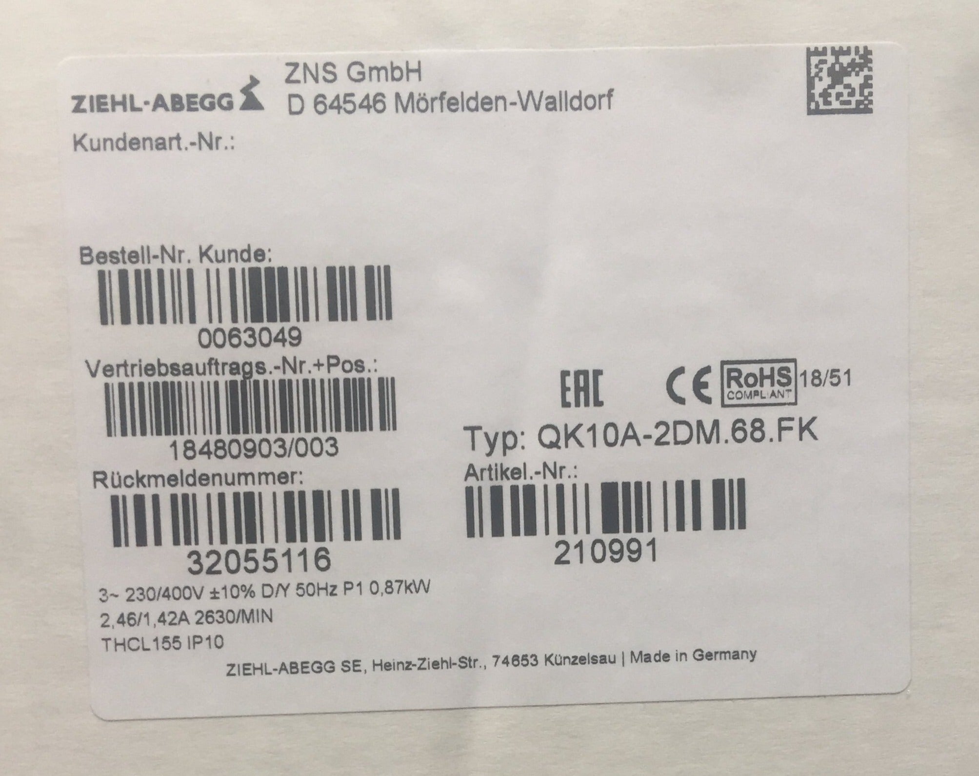 Lable of QK10A-2DM.68.FK ZIEHL-ABEGG Crossflow fan