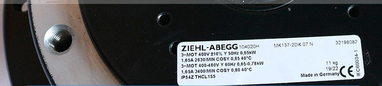 Nameplate of MK137-2DK.07.N ZIEHL-ABEGG centrifugal fan
