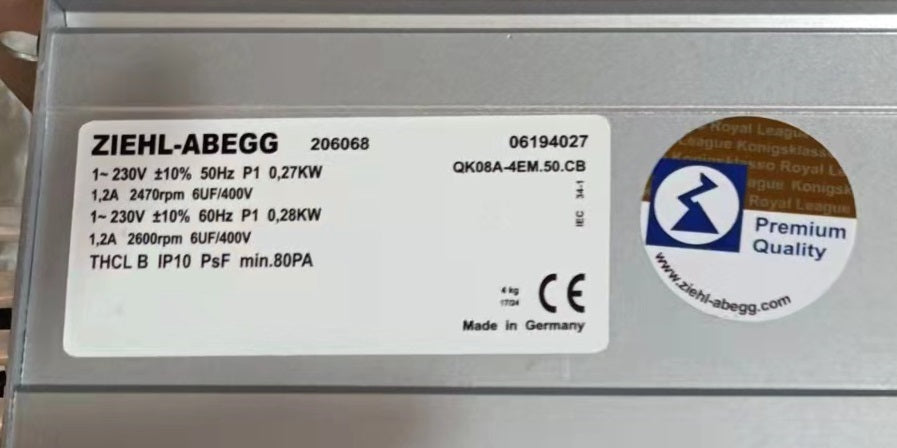 Nameplate of QK08A-4EM.50.CB ZIEHL-ABEGG Crossflow fan