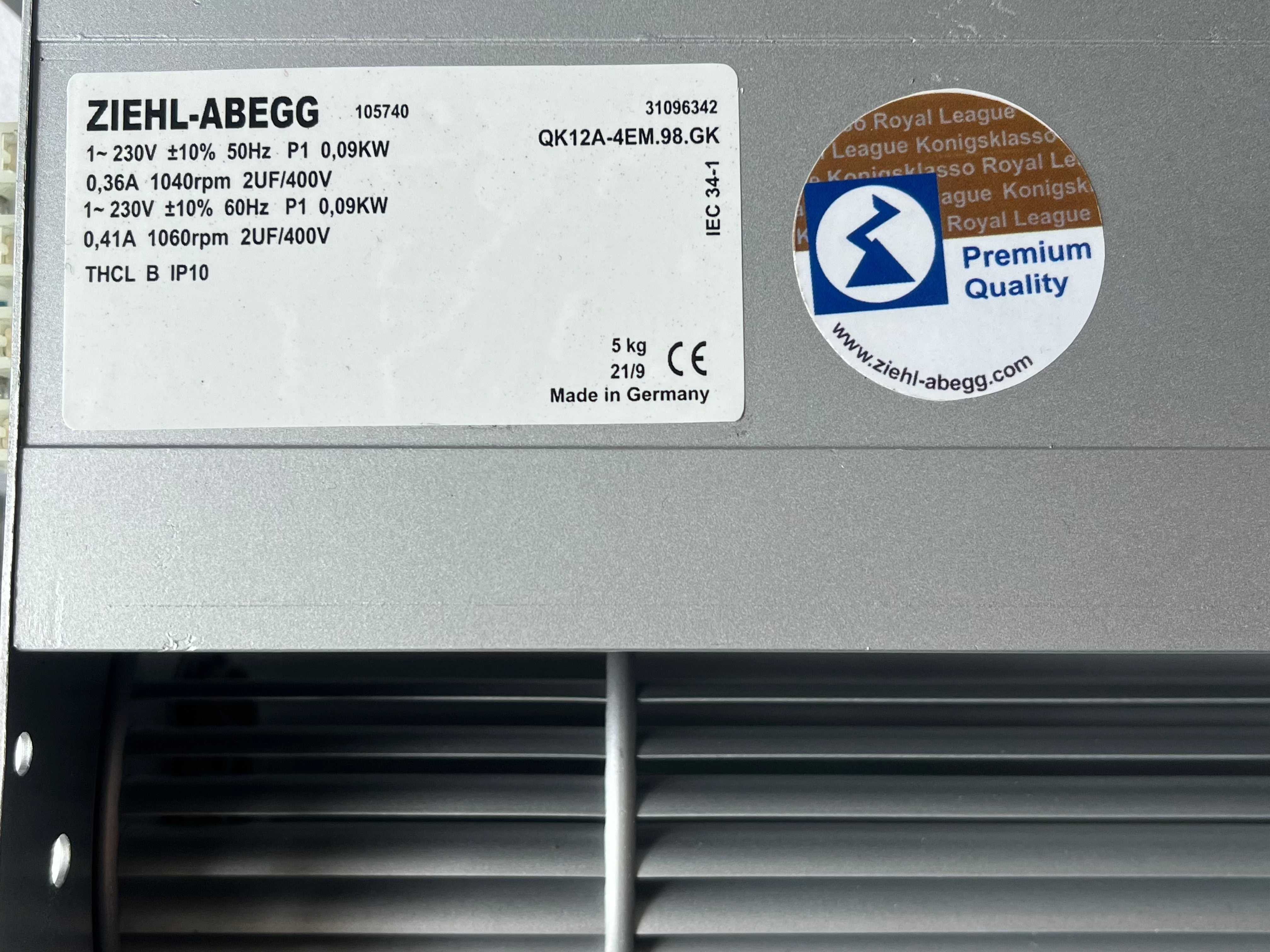 Nameplate of QK12A-4EM.98.GK ZIEHL-ABEGG Crossflow fan