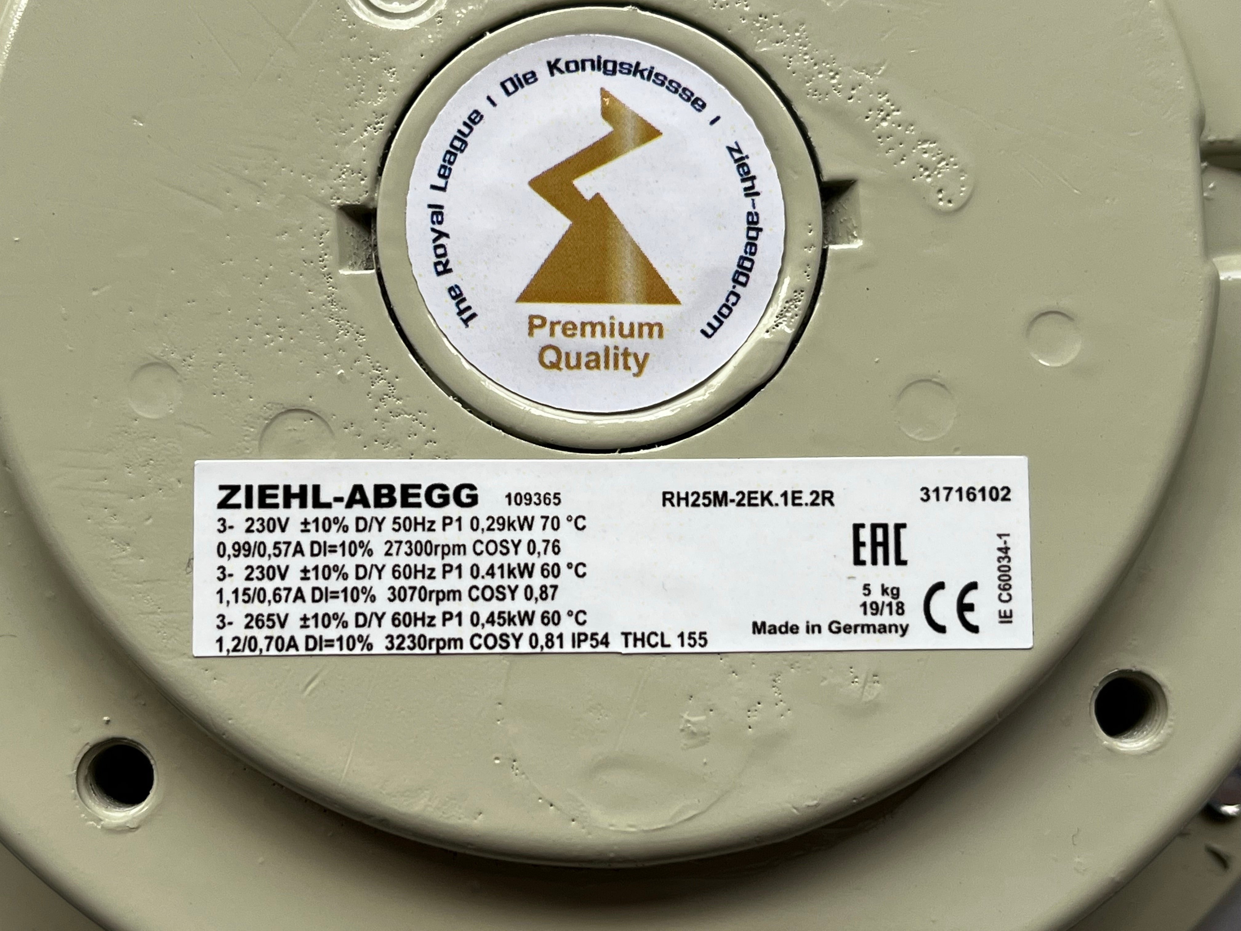 Nameplate of RH25M-2EK.1E.2R ZIEHL-ABEGG centrifugal fan