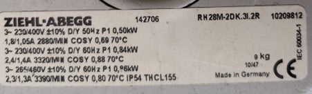 Nameplate of RH28M-2DK.3I.2R ZIEHL-ABEGG centrifugal fan