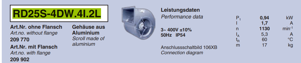 RD25S-4DW.4I.2L ZIEHL-ABEGG Centrifugal Fan