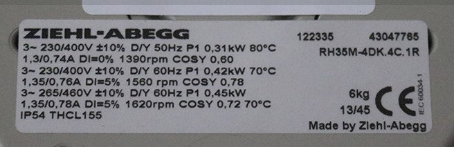 RH35M-4DK.4C.1R ZIEHL-ABEGG centrifugal fan nameplate