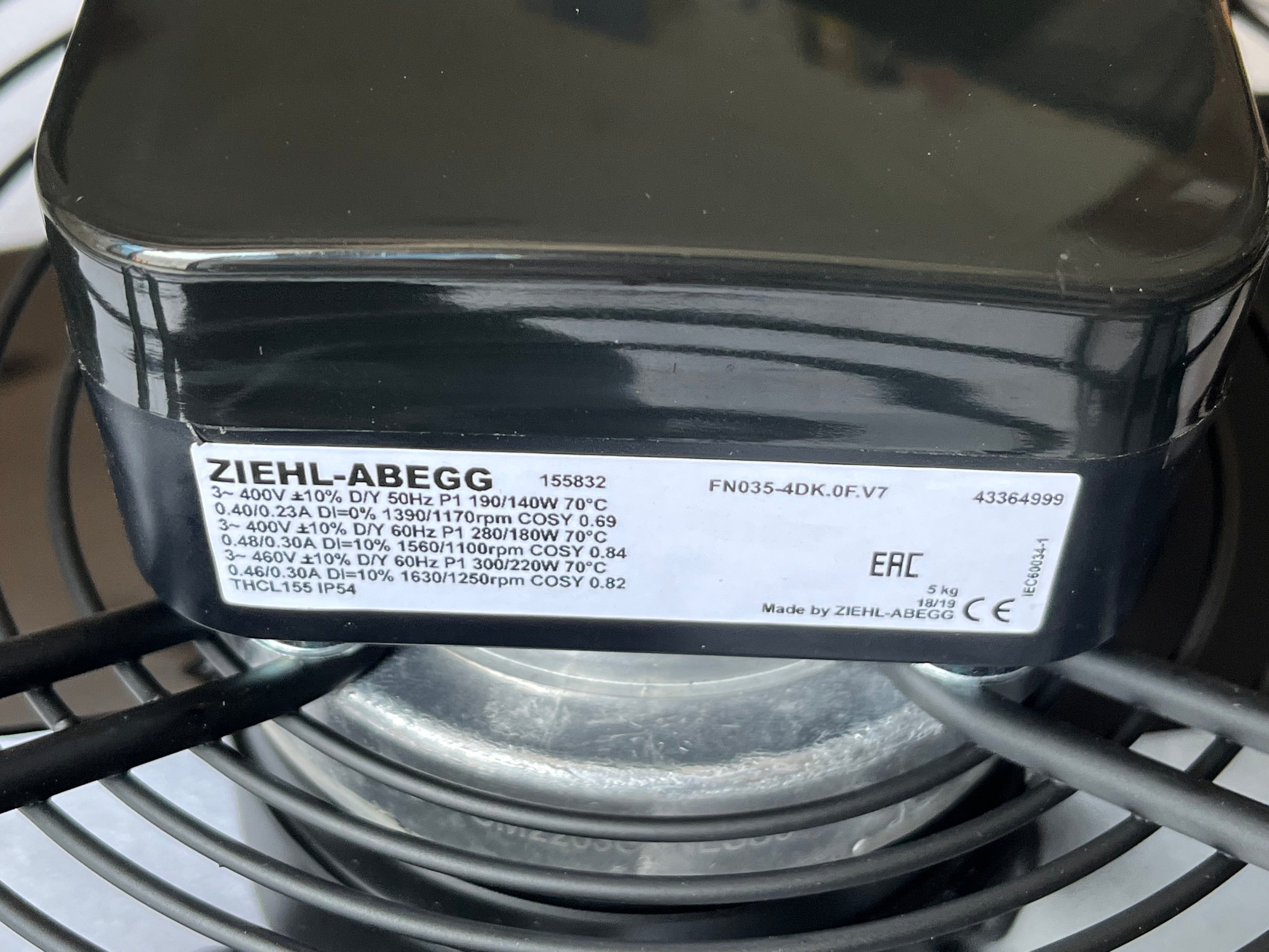 ZIEHL-ABEGG Axial Fan FN035-4DK.0F.V7P2 nameplate