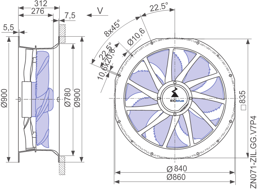 drawing of ZN071-ZIL.GL.V7P4  ZIEHL-ABEGG Axial Fan