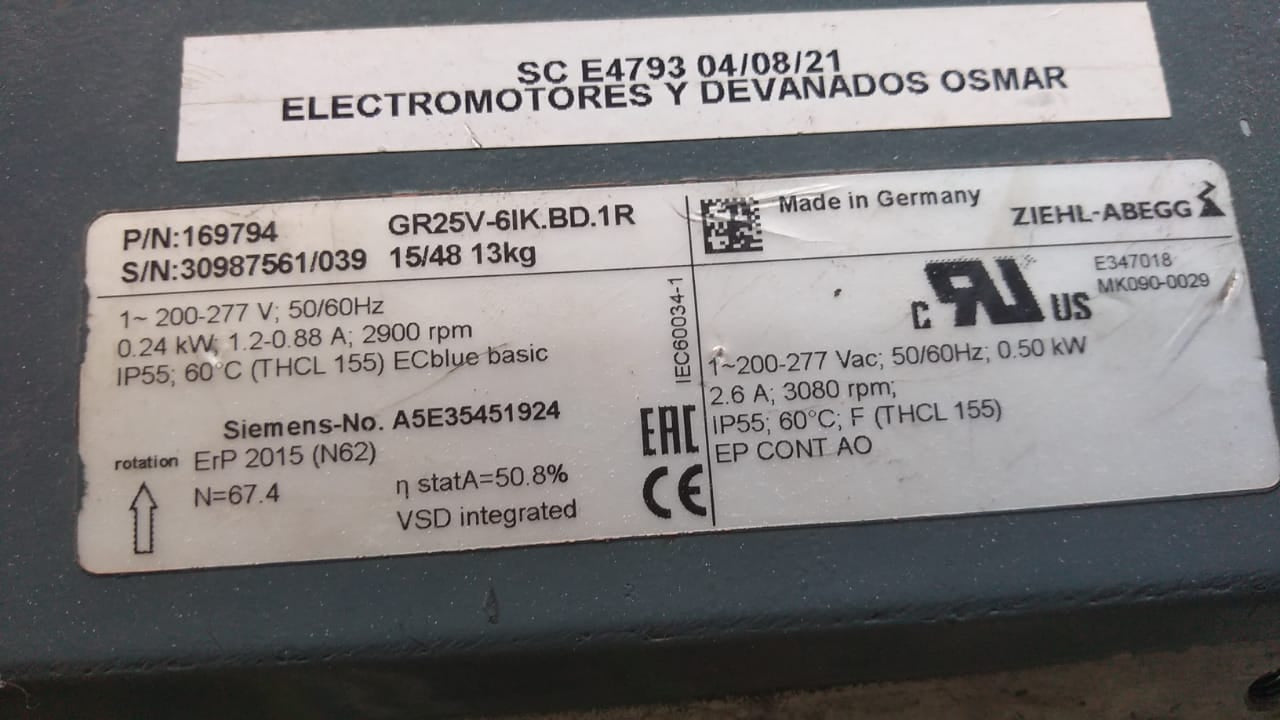 lable of GR25V-6IK.BD.1R ZIEHL-ABEGG centrifugal fan
