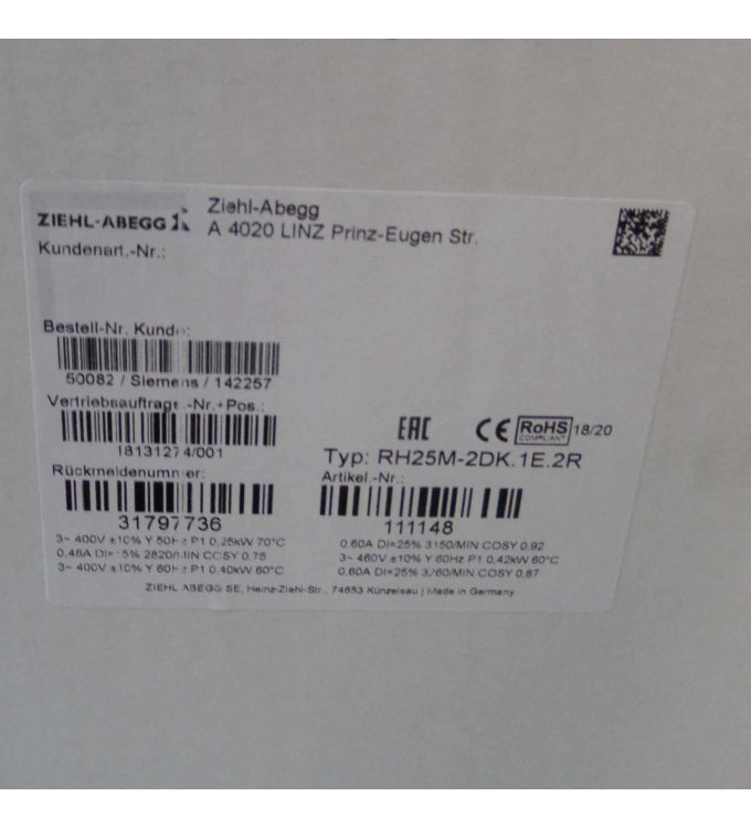 lable of RH25M-2DK.1E.2R ZIEHL-ABEGG centrifugal fan