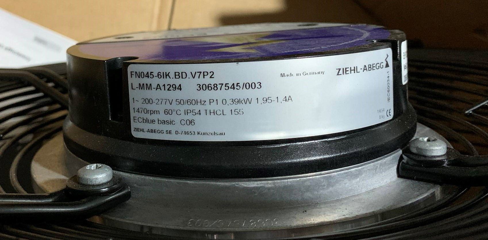 namepalte of FN045-6lK.BD.V7P2  ZIEHL-ABEGG Axial Fan