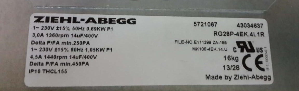 namepate of RG28P-4EK.4I.1R ZIEHL-ABEGG centrifugal fan