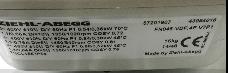 nameplate of FN045-4DF.4F.V7P1  ZIEHL-ABEGG Axial Fan
