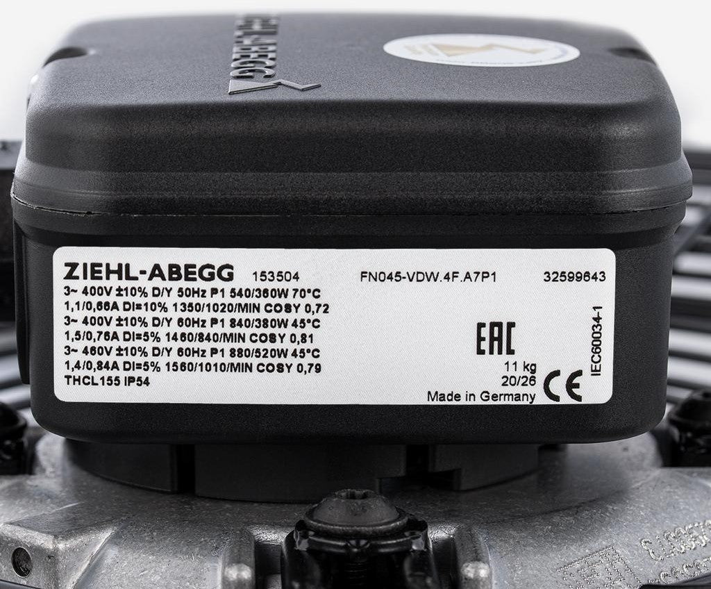 nameplate of  FN045-VDK.4F.A7P1  ZIEHL-ABEGG Axial Fan