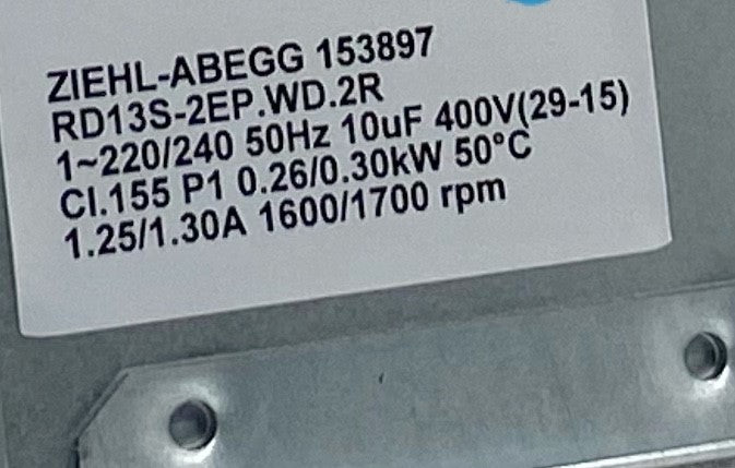 nameplate of RD13S-2EP.WD.2R ZIEHL-ABEGG Centrifugal Fan