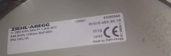 nameplate of RH50E-4EK.6N.1R ZIEHL-ABEGG centrifugal fan