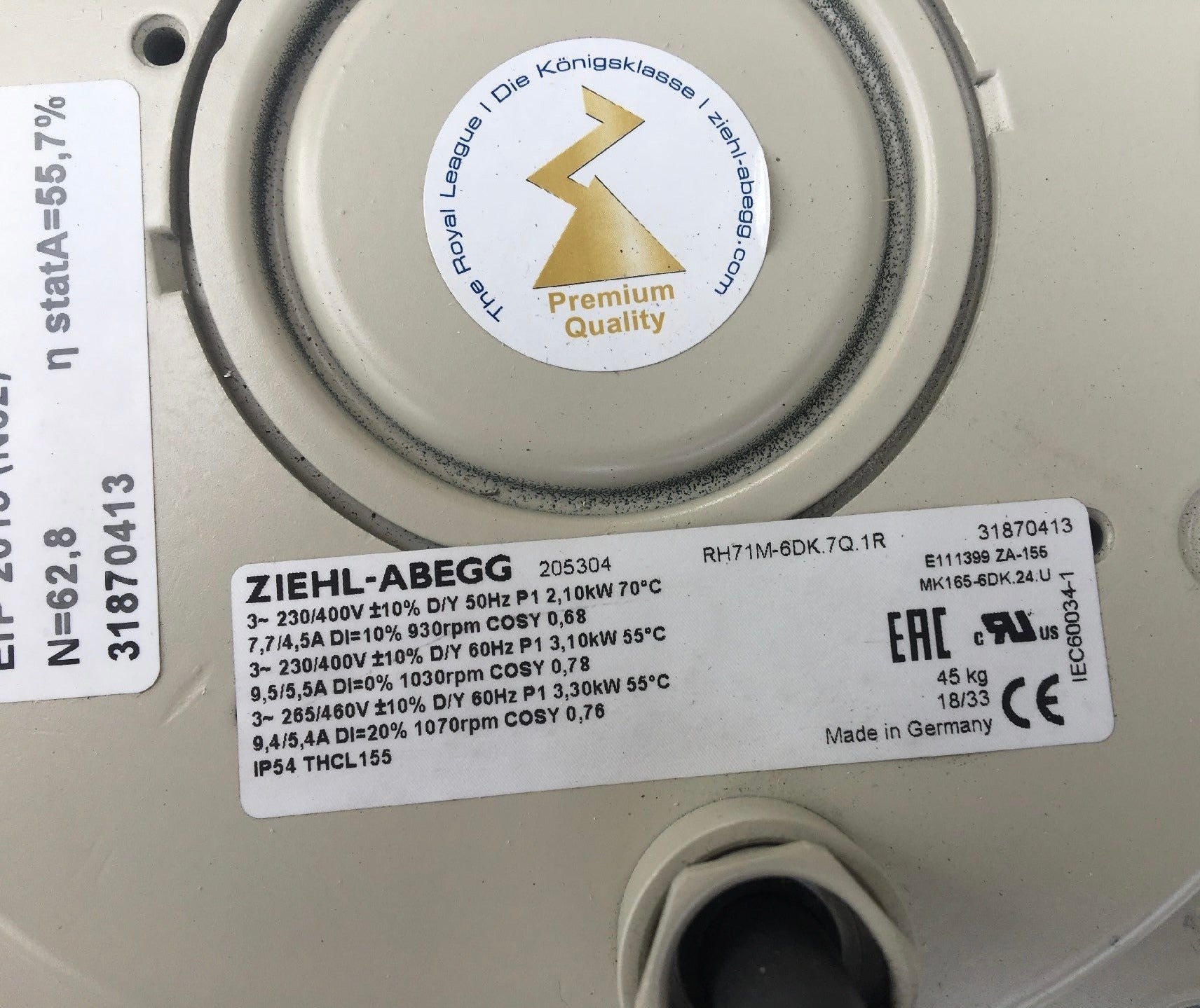 nameplate of RH71M-6DK.7Q.1R ZIEHL-ABEGG centrifugal fan